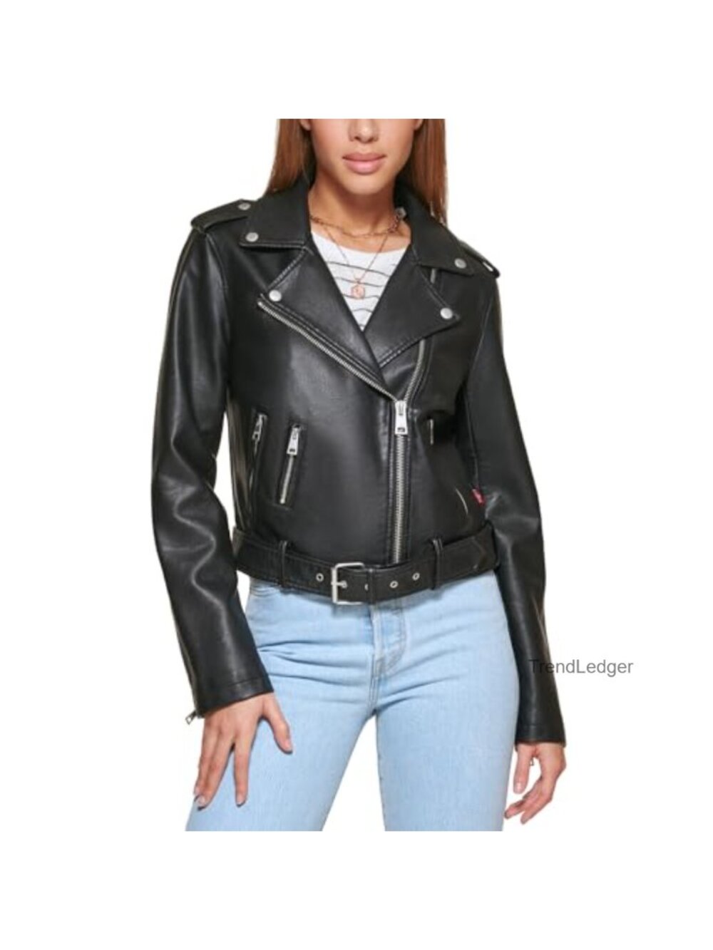 Belted Faux Leather Moto Jacket Asymmetrical Zip Snap Lapels